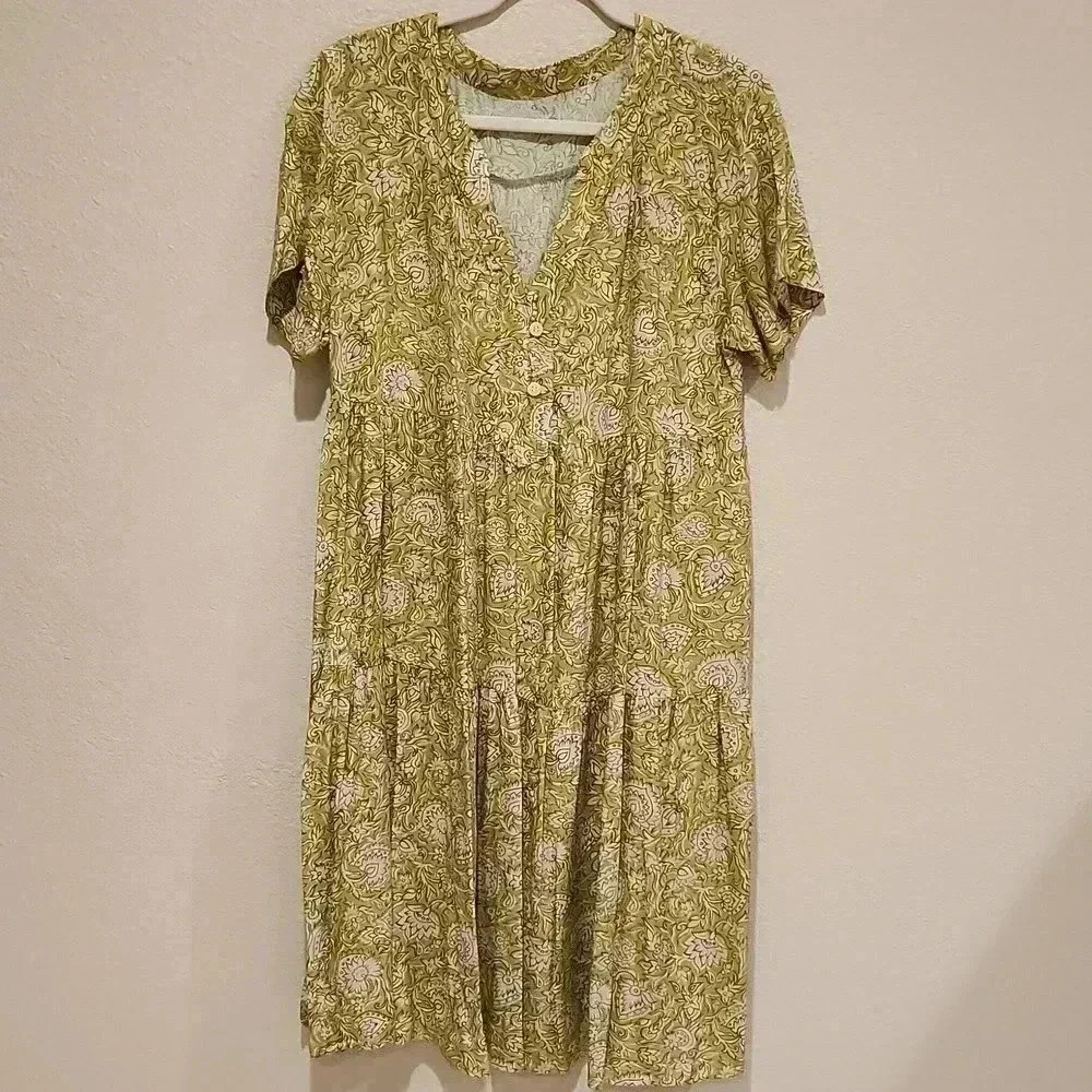 Hand-made Boho Tiered Ruffle Babydoll Floral Gren Midi Dress Size L